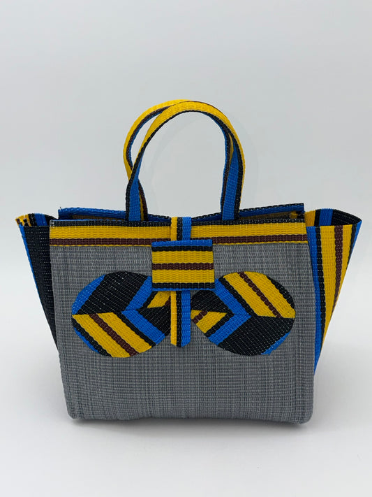Metallic Medium  handwoven tote bag by SCRUBIES in Gray,Yellow,Blue,Black with Solid design and Bow accent pattern
