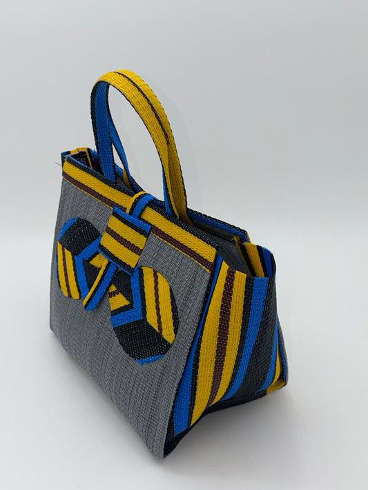 Metallic Medium  handwoven tote bag by SCRUBIES in Gray,Yellow,Blue,Black with Solid design and Bow accent pattern
