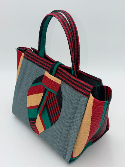 Metallic Medium  handwoven tote bag by SCRUBIES in Gray,Red,Beige,Black,Green with Solid design and Leaf accent pattern