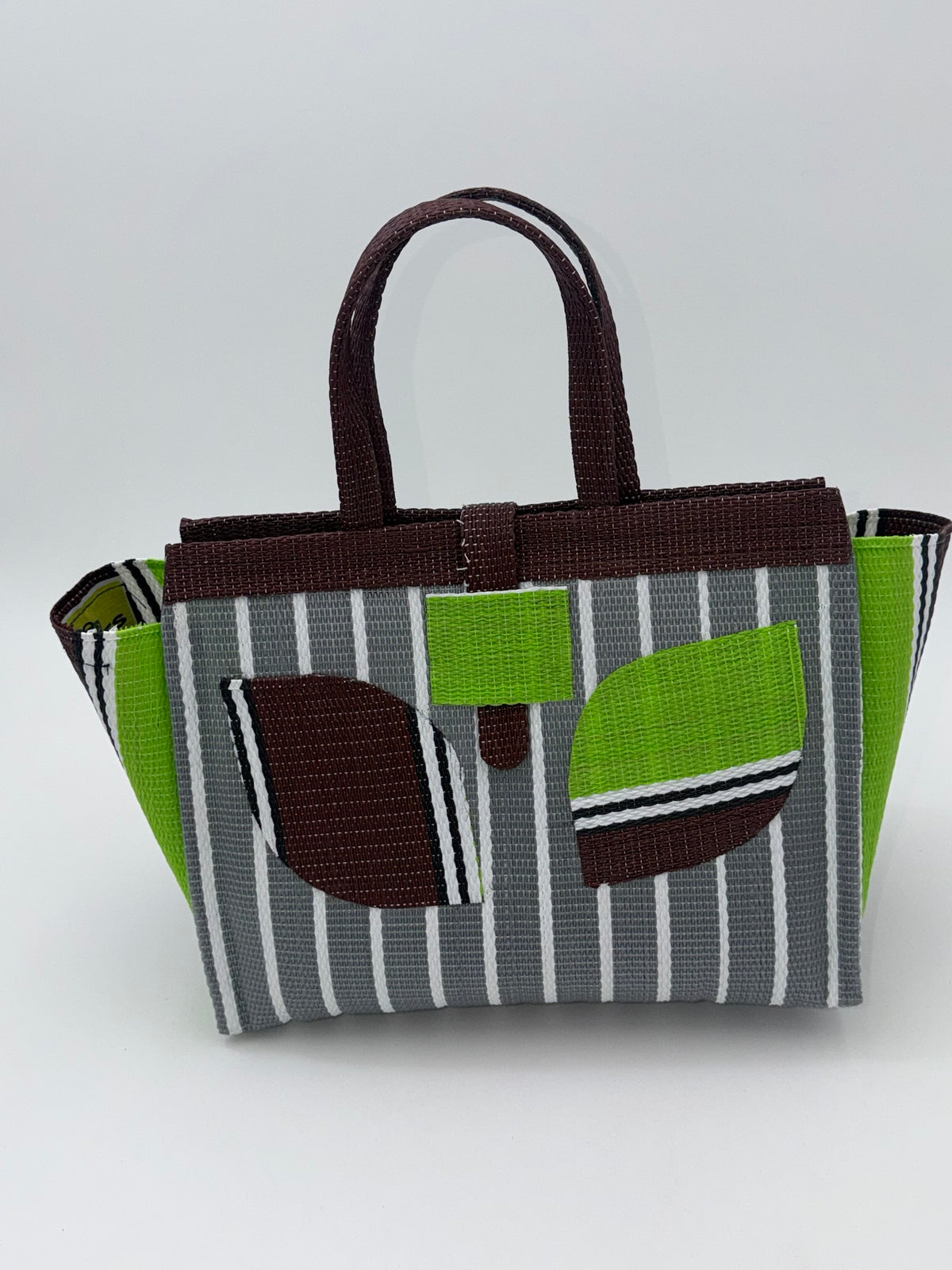 Metallic Medium  handwoven tote bag by SCRUBIES in Gray,White,Green,Brown with Stripes design and Leaf accent pattern