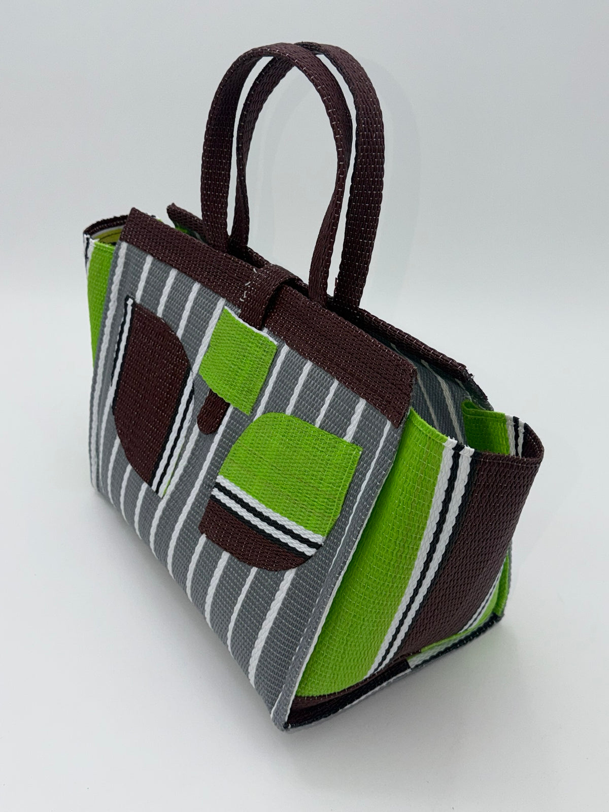 Metallic Medium  handwoven tote bag by SCRUBIES in Gray,White,Green,Brown with Stripes design and Leaf accent pattern