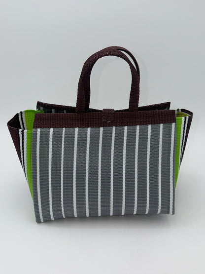 Metallic Medium  handwoven tote bag by SCRUBIES in Gray,White,Green,Brown with Stripes design and Leaf accent pattern
