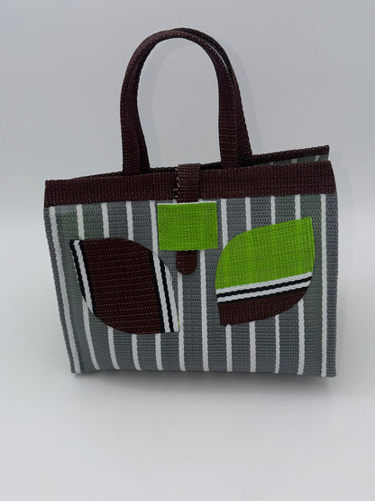 Metallic Medium  handwoven tote bag by SCRUBIES in Gray,White,Green,Brown with Stripes design and Leaf accent pattern