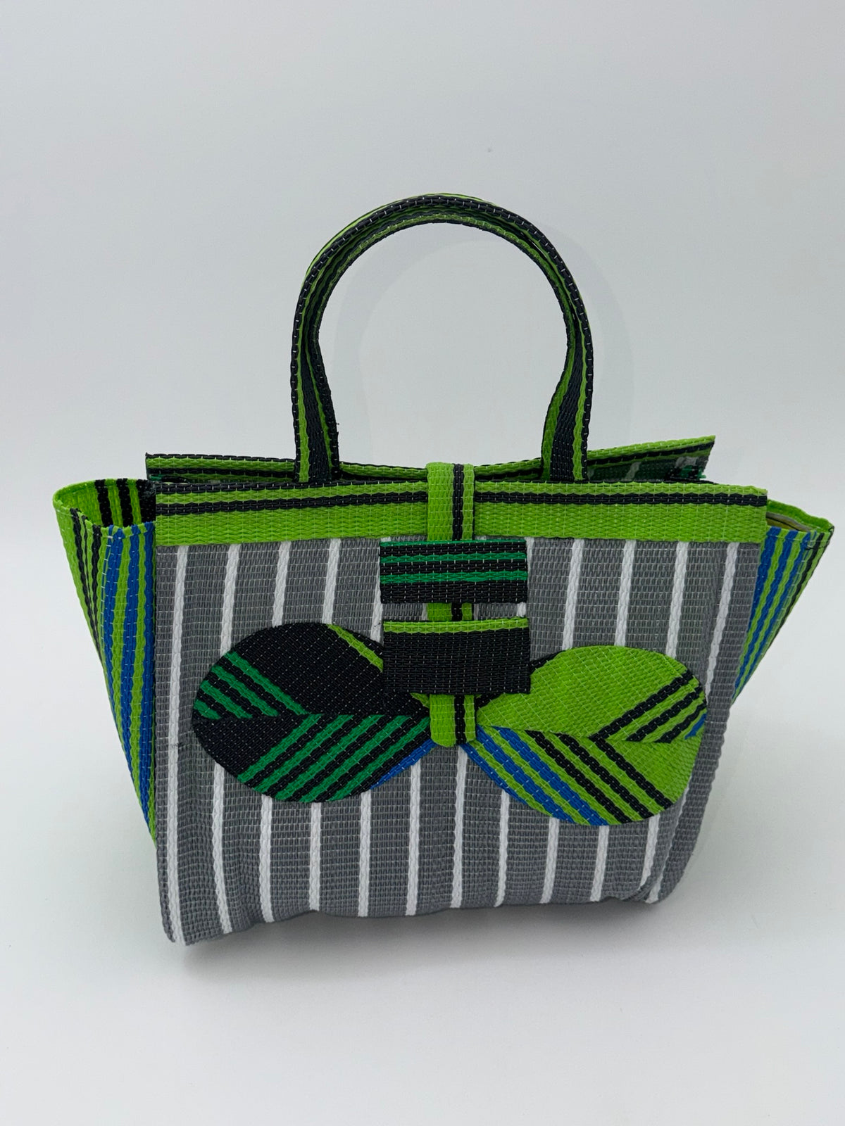 Metallic Medium  handwoven tote bag by SCRUBIES in Gray,White,Green,Brown with Stripes design and Leaf accent pattern