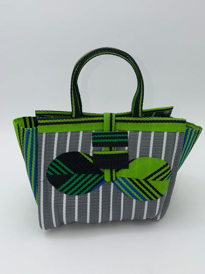 Metallic Medium  handwoven tote bag by SCRUBIES in Gray,White,Green,Brown with Stripes design and Leaf accent pattern