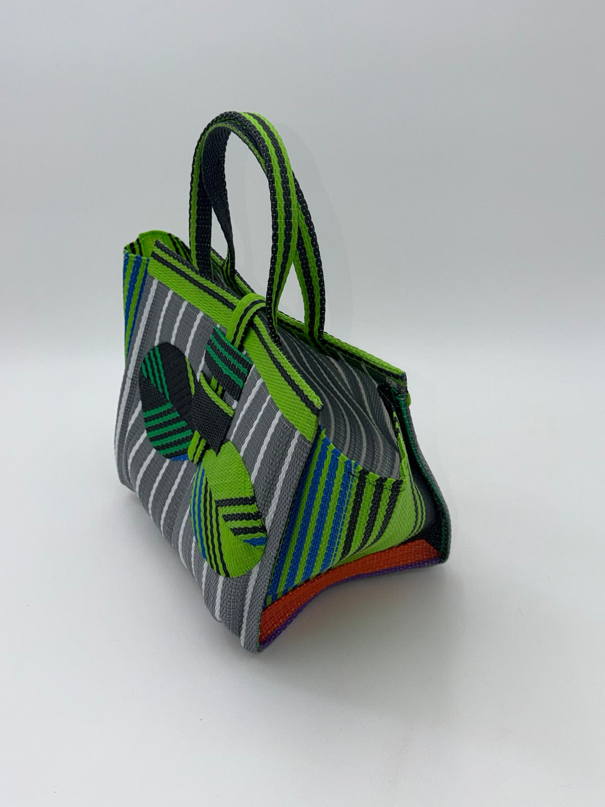 Metallic Medium  handwoven tote bag by SCRUBIES in Gray,White,Green,Brown with Stripes design and Leaf accent pattern