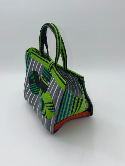 Metallic Medium  handwoven tote bag by SCRUBIES in Gray,White,Green,Brown with Stripes design and Leaf accent pattern