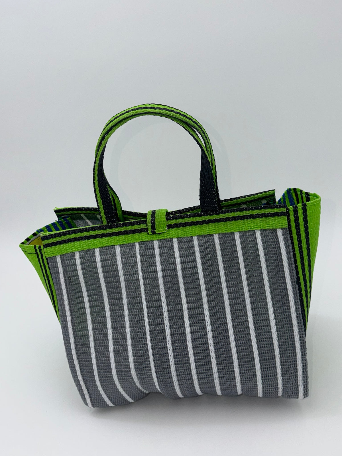 Metallic Medium  handwoven tote bag by SCRUBIES in Gray,White,Green,Brown with Stripes design and Leaf accent pattern