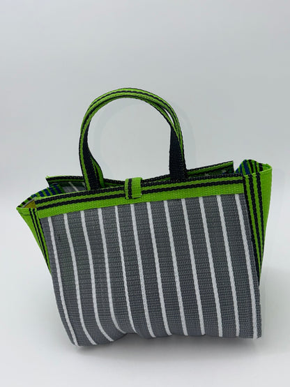 Metallic Medium  handwoven tote bag by SCRUBIES in Gray,White,Green,Brown with Stripes design and Leaf accent pattern