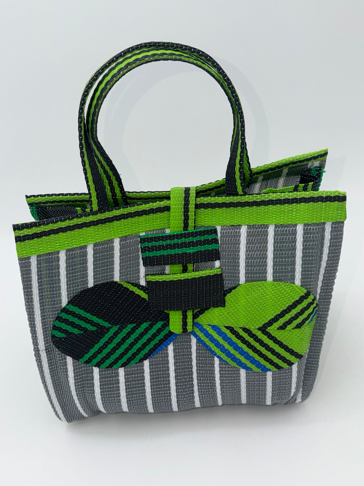 Metallic Medium  handwoven tote bag by SCRUBIES in Gray,White,Green,Black with Stripes design and Bow accent pattern