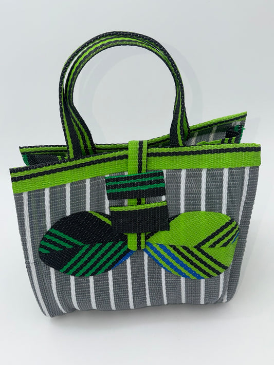 Metallic Medium  handwoven tote bag by SCRUBIES in Gray,White,Green,Black with Stripes design and Bow accent pattern