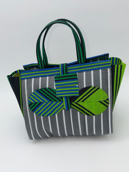 Metallic Medium  handwoven tote bag by SCRUBIES in Gray,White,Green,Black with Stripes design and Bow accent pattern