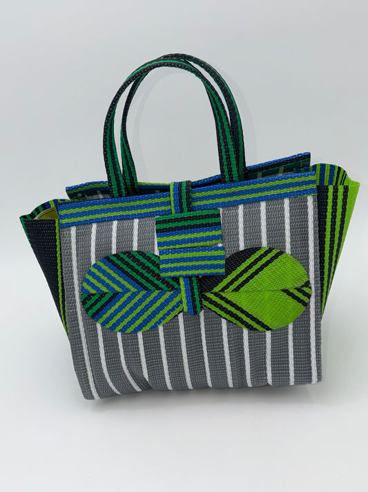 Metallic Medium  handwoven tote bag by SCRUBIES in Gray,White,Green,Black with Stripes design and Bow accent pattern