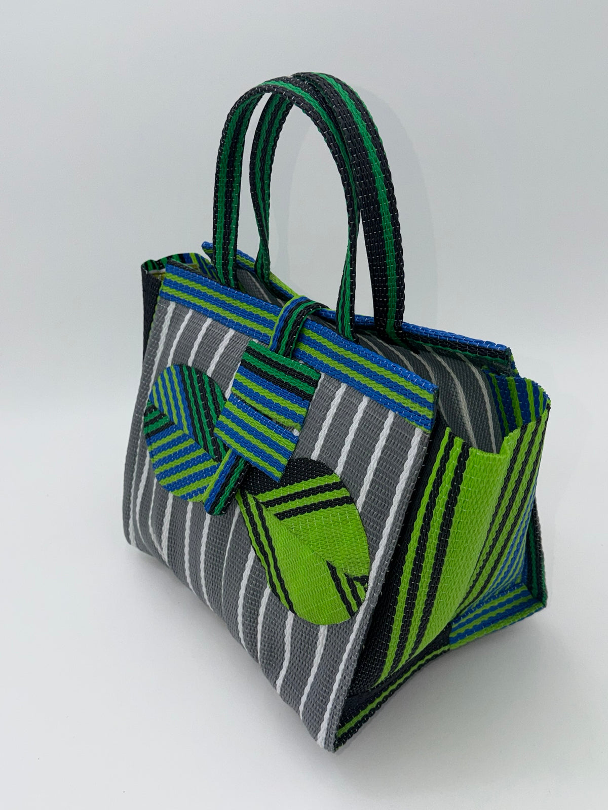 Metallic Medium  handwoven tote bag by SCRUBIES in Gray,White,Green,Black with Stripes design and Bow accent pattern