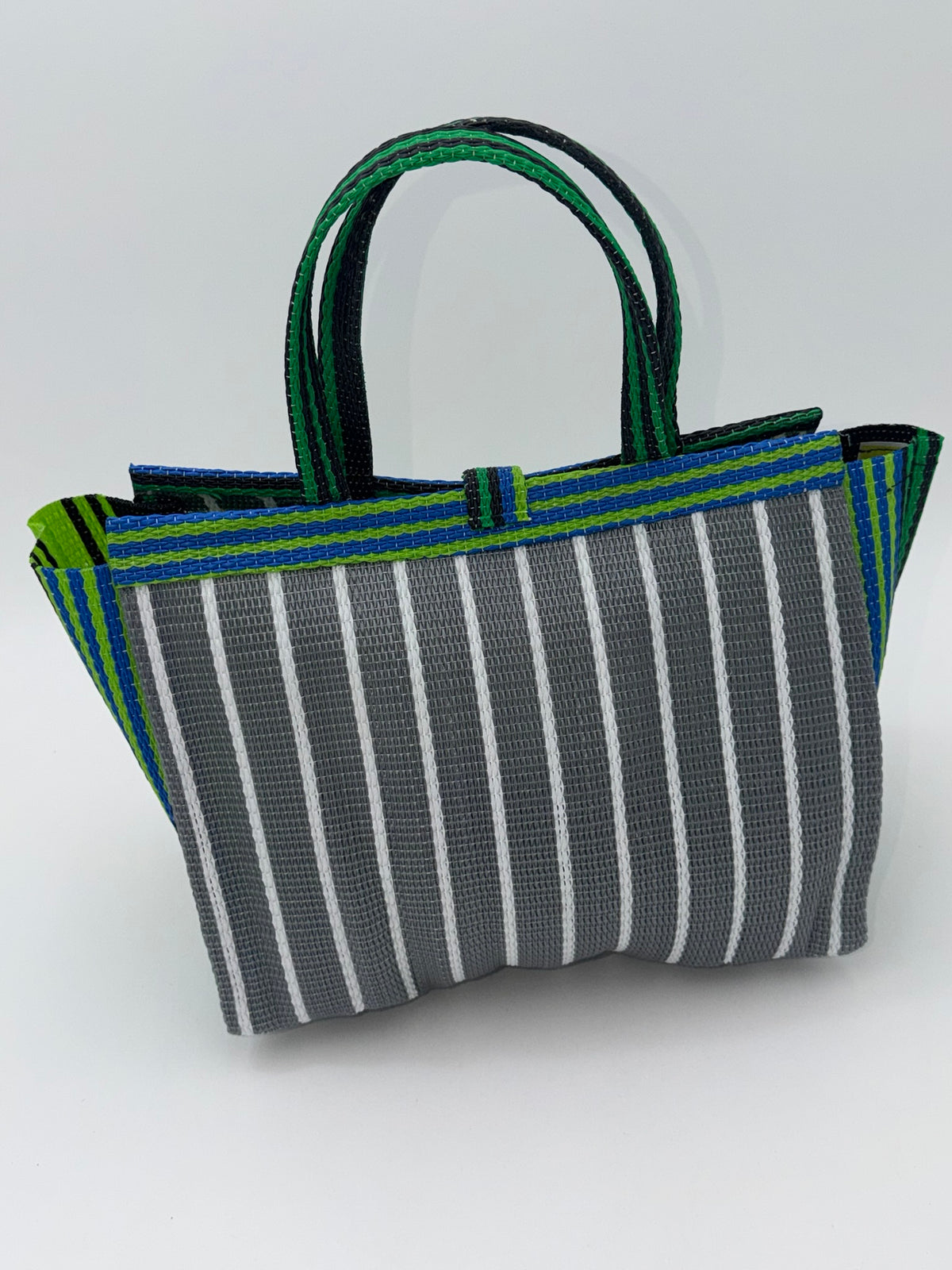 Metallic Medium  handwoven tote bag by SCRUBIES in Gray,White,Green,Black with Stripes design and Bow accent pattern