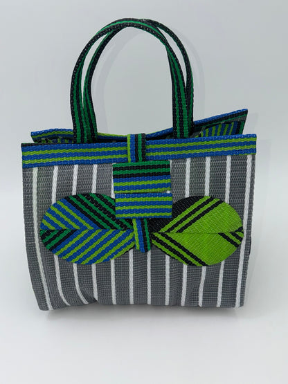 Metallic Medium  handwoven tote bag by SCRUBIES in Gray,White,Green,Black with Stripes design and Bow accent pattern
