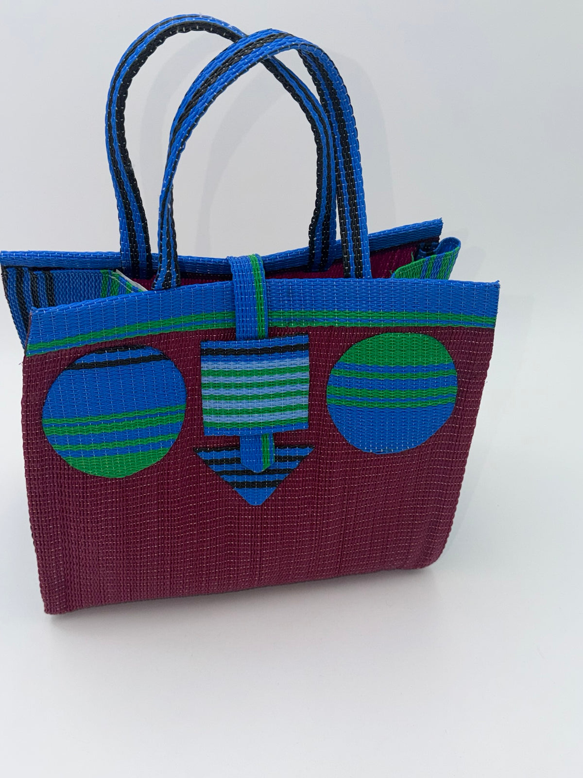 Winery Medium  handwoven tote bag by SCRUBIES in Wine,Blue,Green, with Solid design and Circle accent pattern