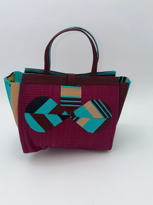 Winery Medium  handwoven tote bag by SCRUBIES in Wine,Teal,Black,Beige with Solid design and Bow accent pattern