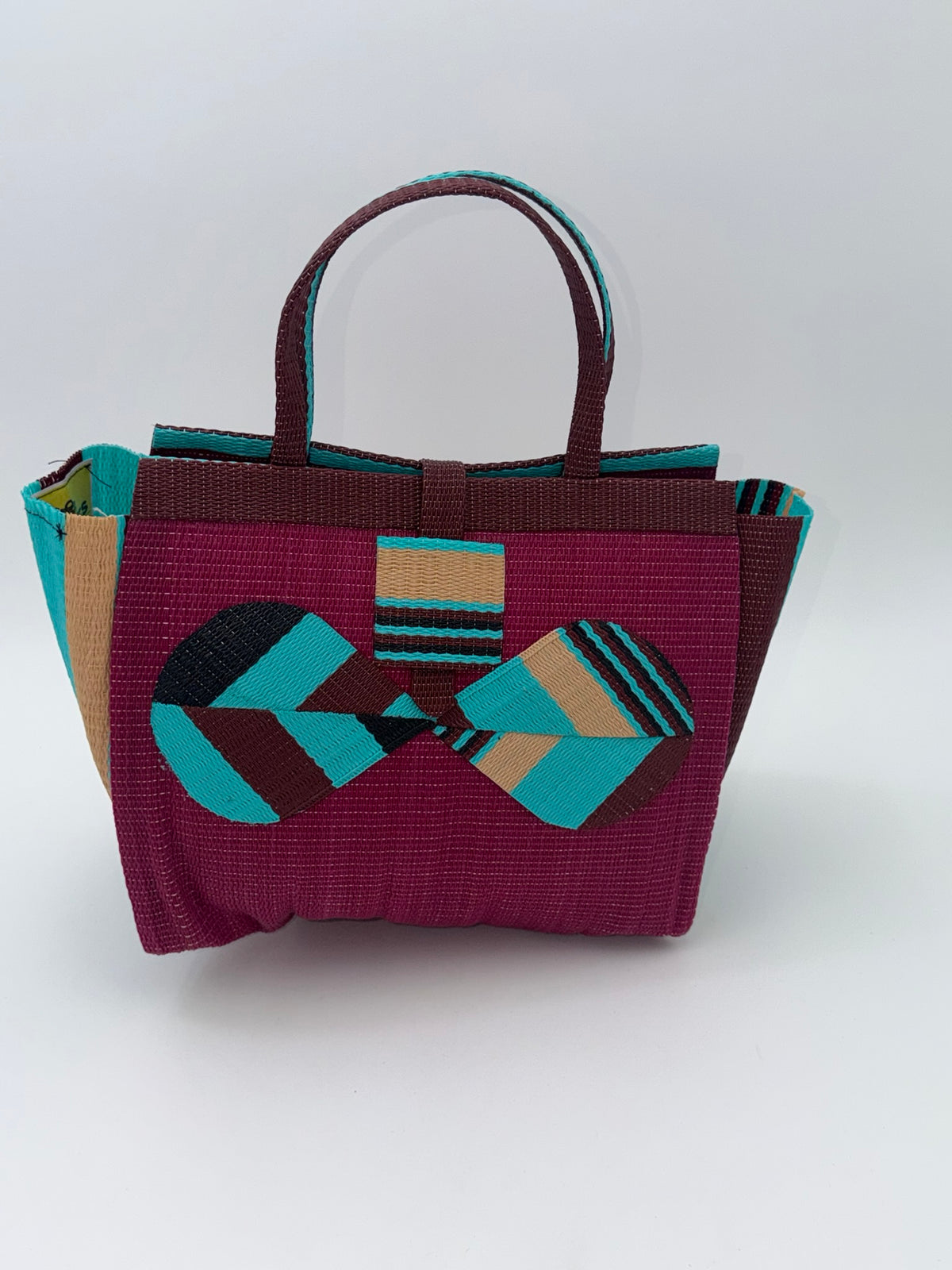 Winery Medium  handwoven tote bag by SCRUBIES in Wine,Teal,Black,Beige with Solid design and Bow accent pattern
