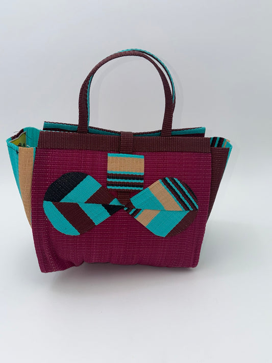 Winery Medium  handwoven tote bag by SCRUBIES in Wine,Teal,Black,Beige with Solid design and Bow accent pattern