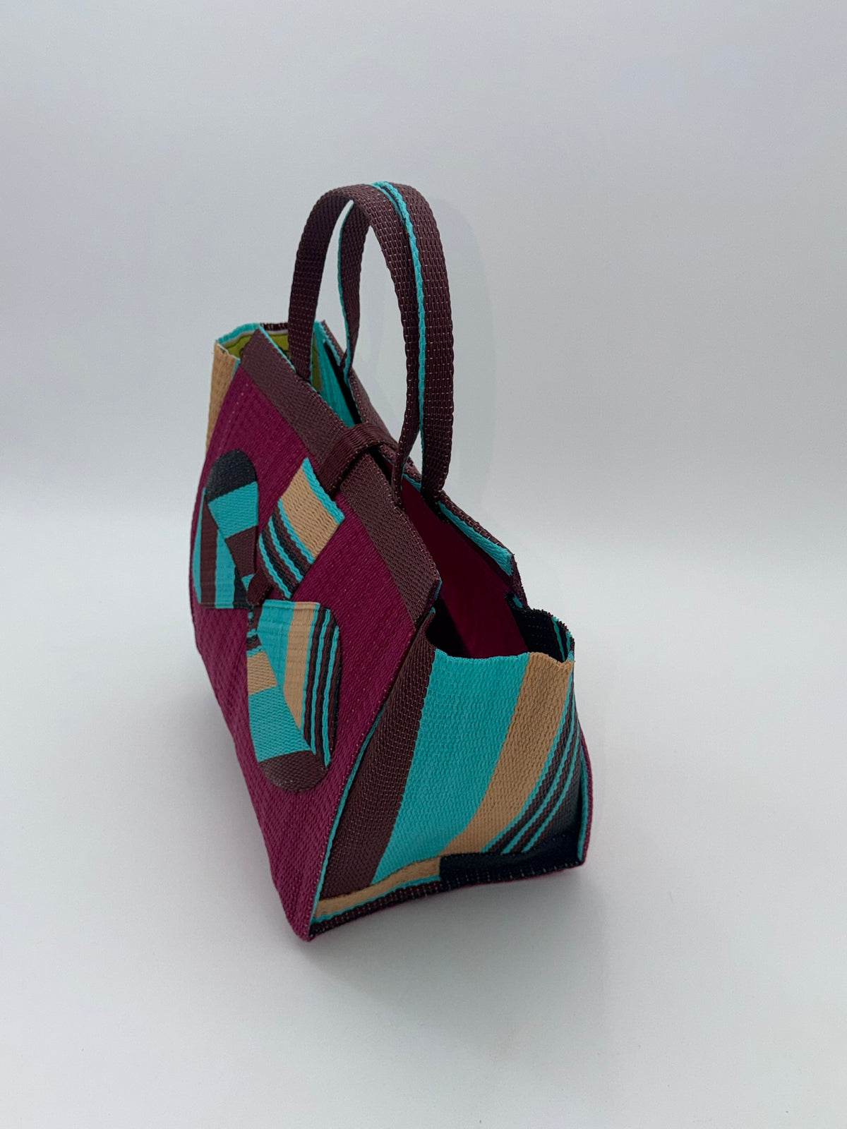 Winery Medium  handwoven tote bag by SCRUBIES in Wine,Teal,Black,Beige with Solid design and Bow accent pattern
