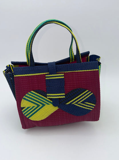 Winery Medium  handwoven tote bag by SCRUBIES in Wine,Blue,Yellow with Solid design and Bow accent pattern