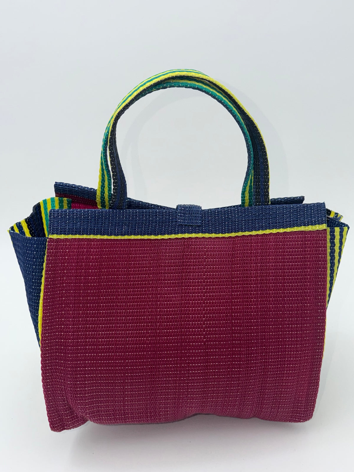 Winery Medium  handwoven tote bag by SCRUBIES in Wine,Blue,Yellow with Solid design and Bow accent pattern