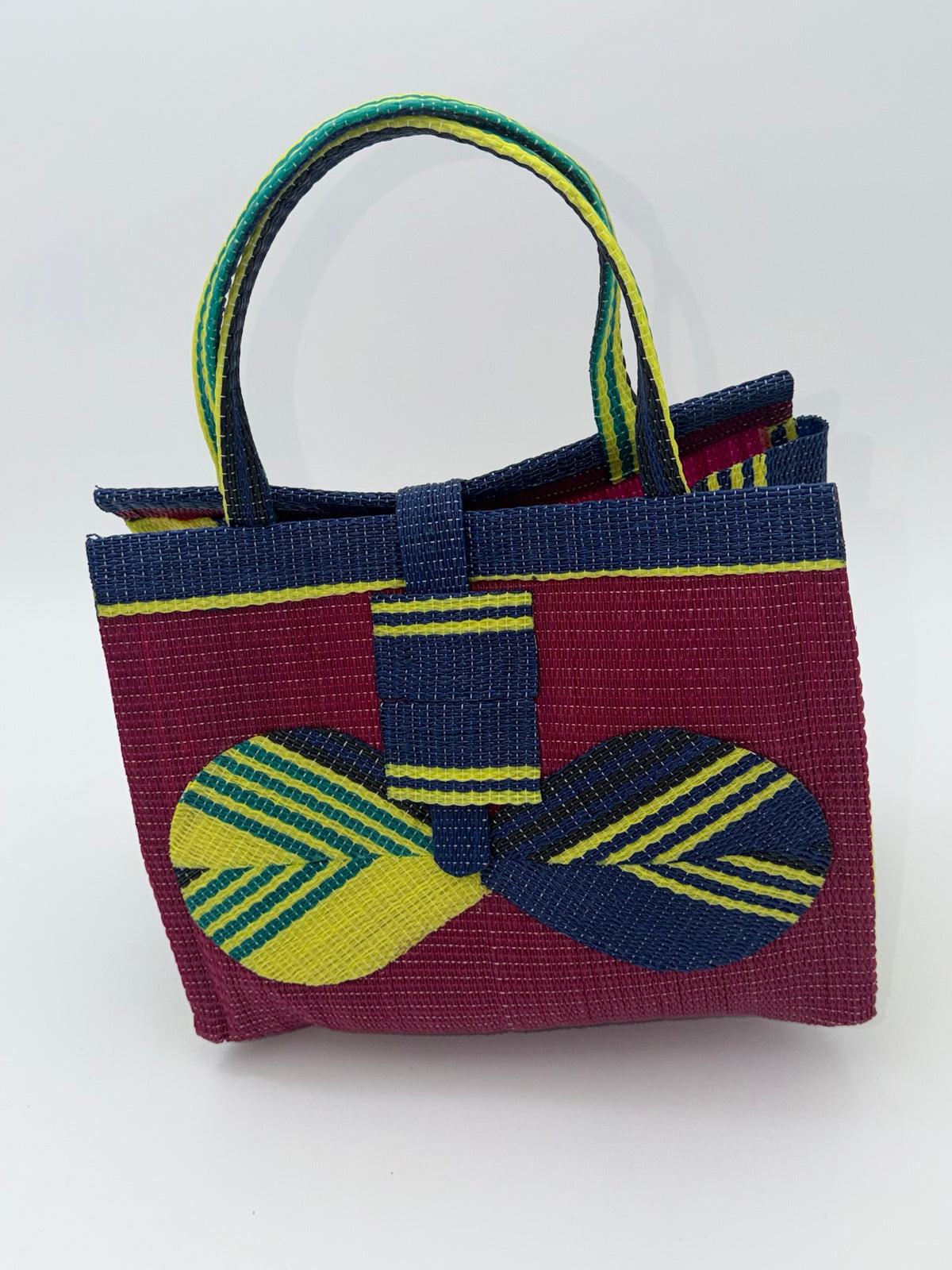 Winery Medium  handwoven tote bag by SCRUBIES in Wine,Blue,Yellow with Solid design and Bow accent pattern