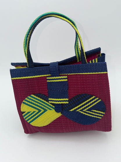 Winery Medium  handwoven tote bag by SCRUBIES in Wine,Blue,Yellow with Solid design and Bow accent pattern