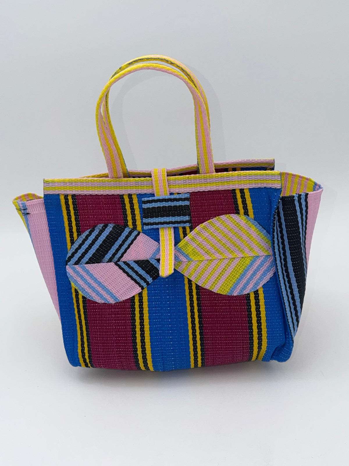 Winery Medium  handwoven tote bag by SCRUBIES in Blue,Wine,Pink,Yellow with Stripes design and Bow accent pattern