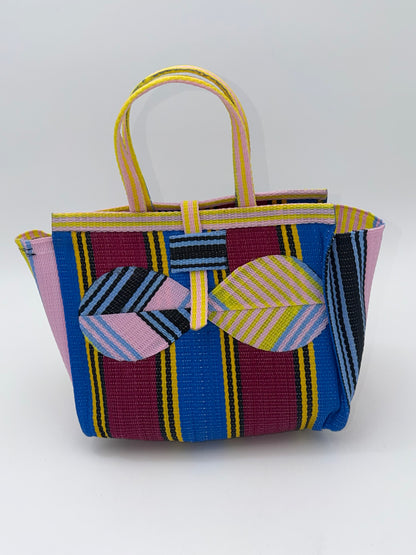 Winery Medium  handwoven tote bag by SCRUBIES in Blue,Wine,Pink,Yellow with Stripes design and Bow accent pattern