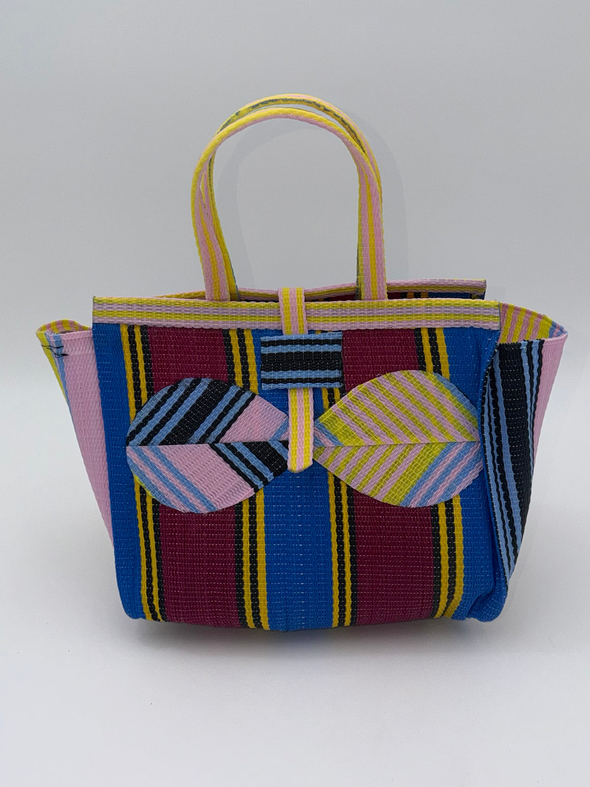 Winery Medium  handwoven tote bag by SCRUBIES in Blue,Wine,Pink,Yellow with Stripes design and Bow accent pattern