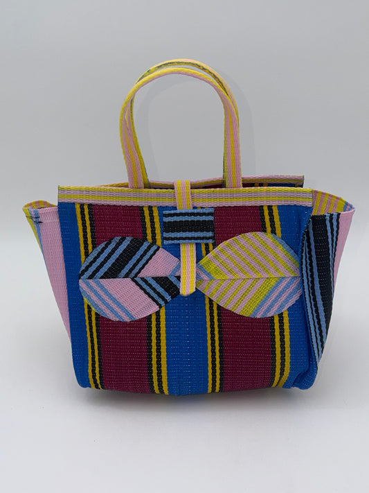 Winery Medium  handwoven tote bag by SCRUBIES in Blue,Wine,Pink,Yellow with Stripes design and Bow accent pattern
