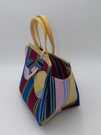 Winery Medium  handwoven tote bag by SCRUBIES in Blue,Wine,Pink,Yellow with Stripes design and Bow accent pattern