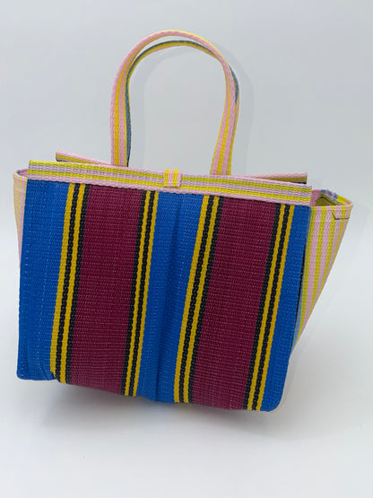 Winery Medium  handwoven tote bag by SCRUBIES in Blue,Wine,Pink,Yellow with Stripes design and Bow accent pattern