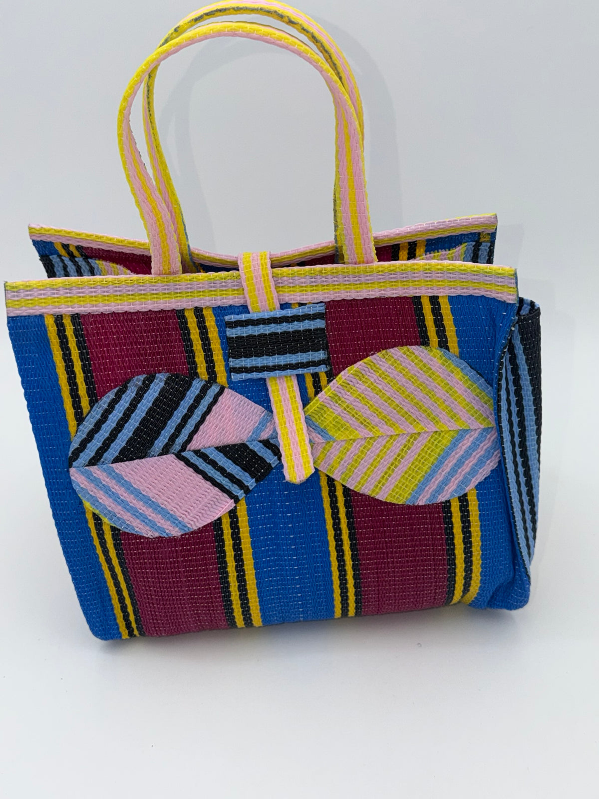 Winery Medium  handwoven tote bag by SCRUBIES in Blue,Wine,Pink,Yellow with Stripes design and Bow accent pattern