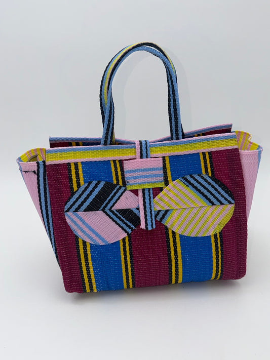 Winery Medium  handwoven tote bag by SCRUBIES in Blue,Wine,Pink,Yellow with Stripes design and Bow accent pattern