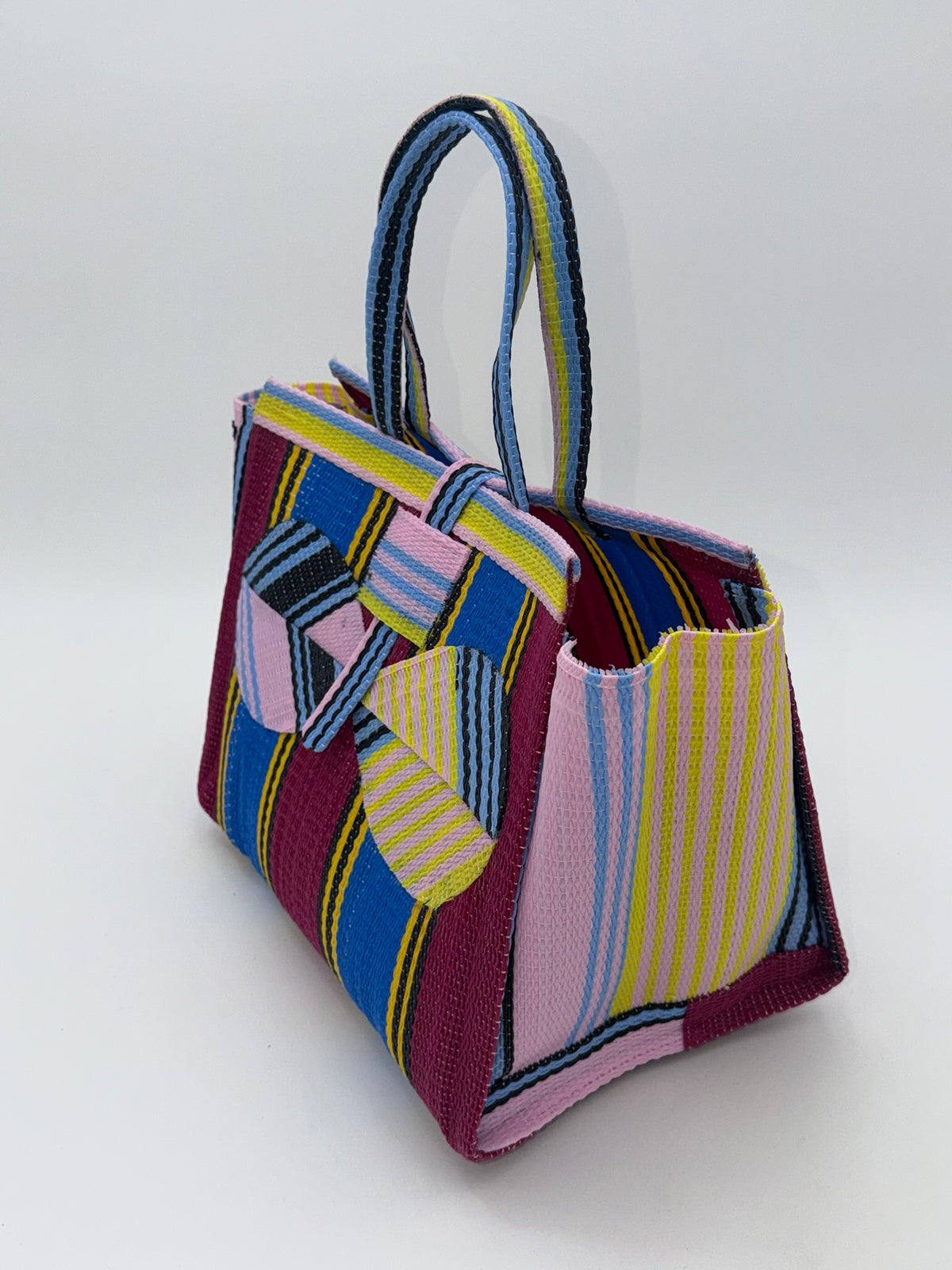 Winery Medium  handwoven tote bag by SCRUBIES in Blue,Wine,Pink,Yellow with Stripes design and Bow accent pattern