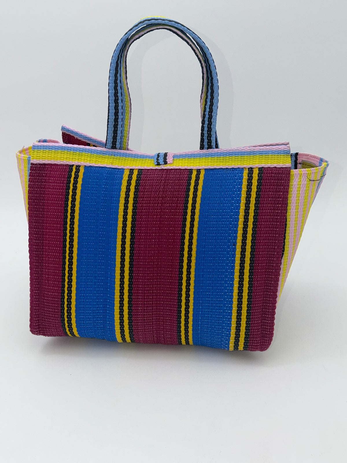 Winery Medium  handwoven tote bag by SCRUBIES in Blue,Wine,Pink,Yellow with Stripes design and Bow accent pattern