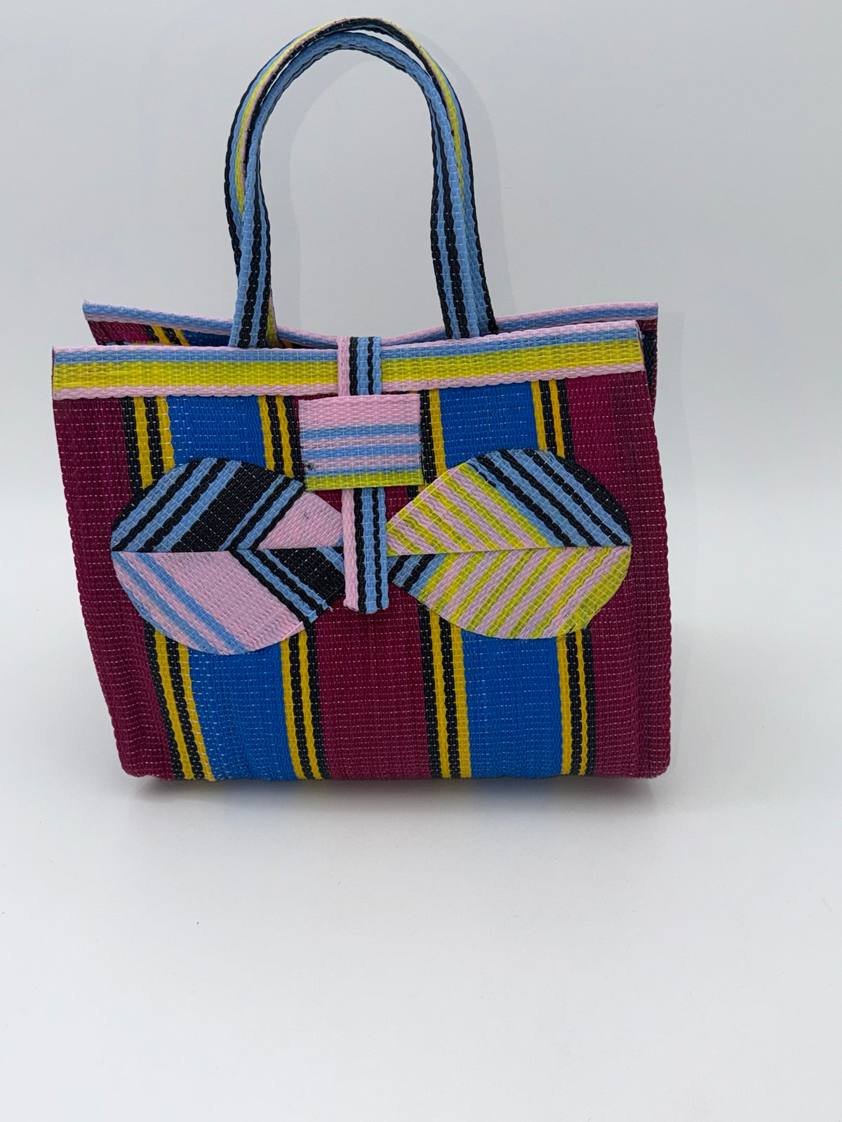 Winery Medium  handwoven tote bag by SCRUBIES in Blue,Wine,Pink,Yellow with Stripes design and Bow accent pattern