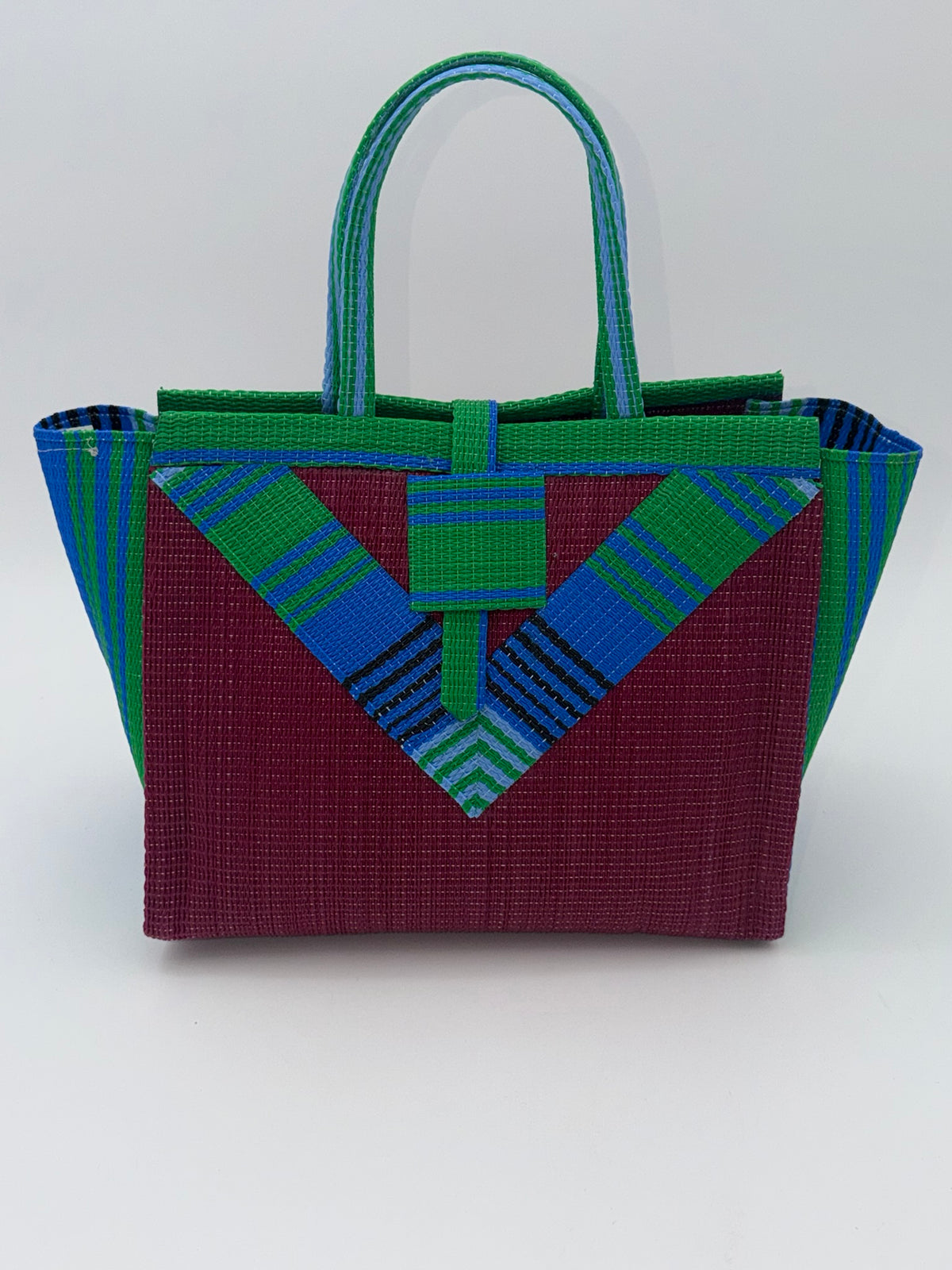 Winery Medium  handwoven tote bag by SCRUBIES in Wine,Blue,Green, with Solid design and Vee accent pattern