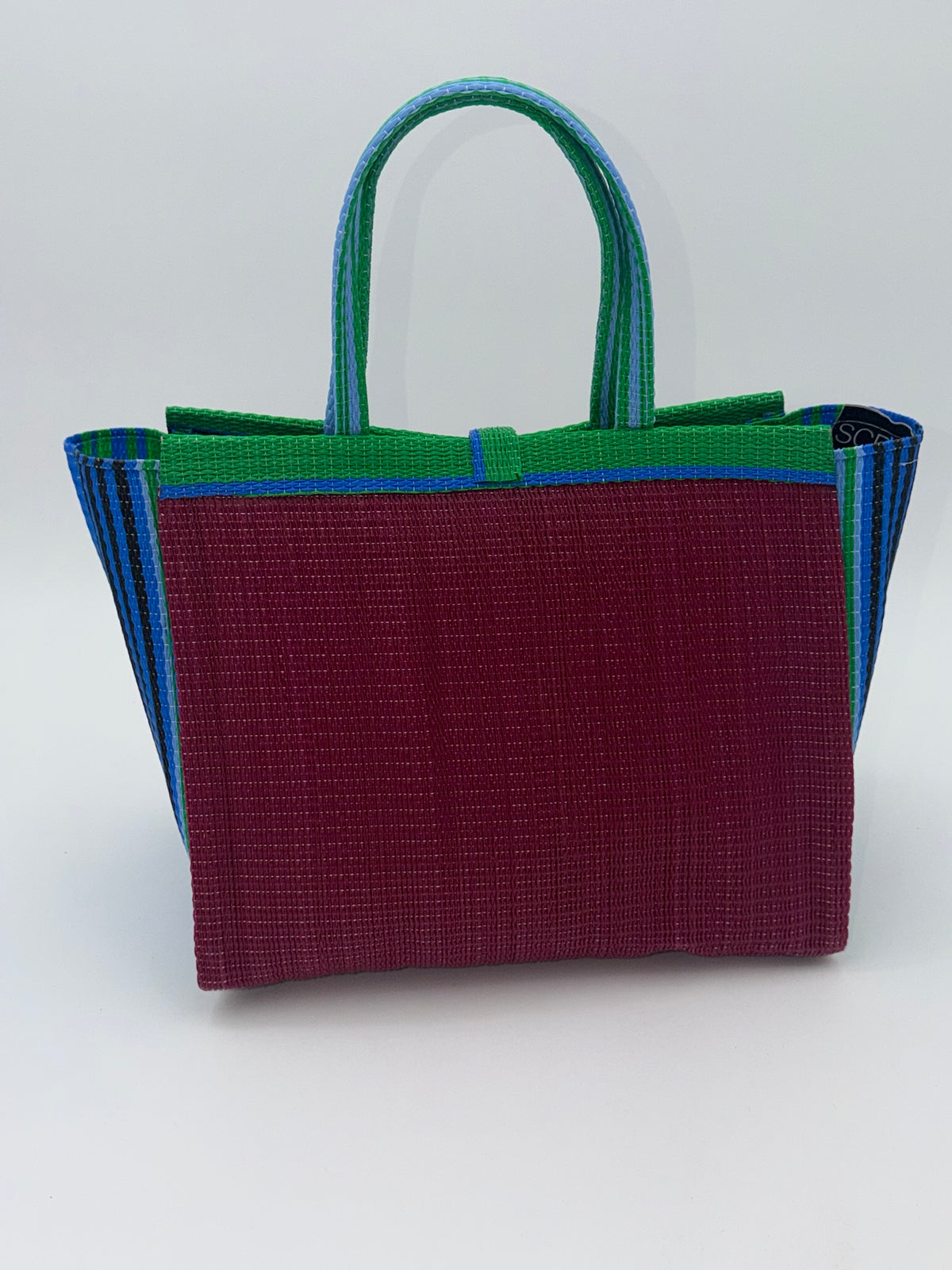 Winery Medium  handwoven tote bag by SCRUBIES in Wine,Blue,Green, with Solid design and Vee accent pattern