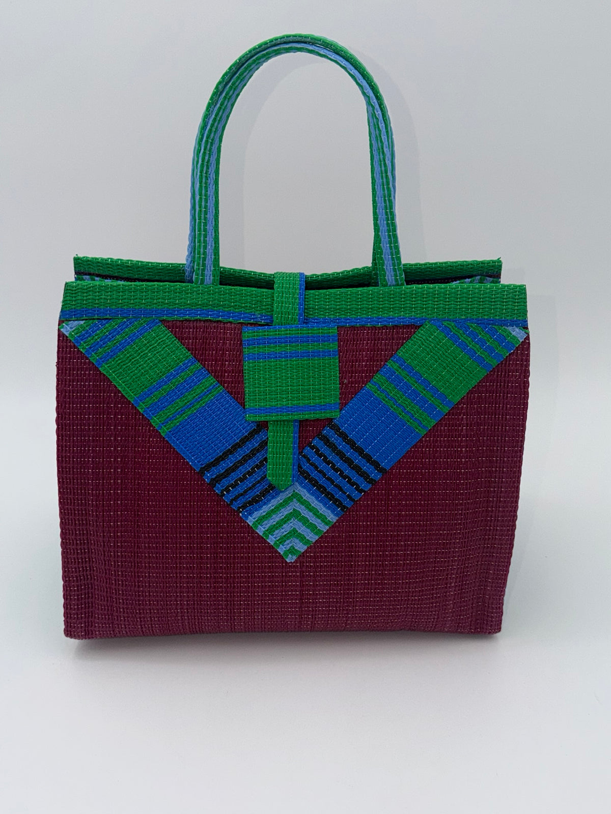 Winery Medium  handwoven tote bag by SCRUBIES in Wine,Blue,Green, with Solid design and Vee accent pattern