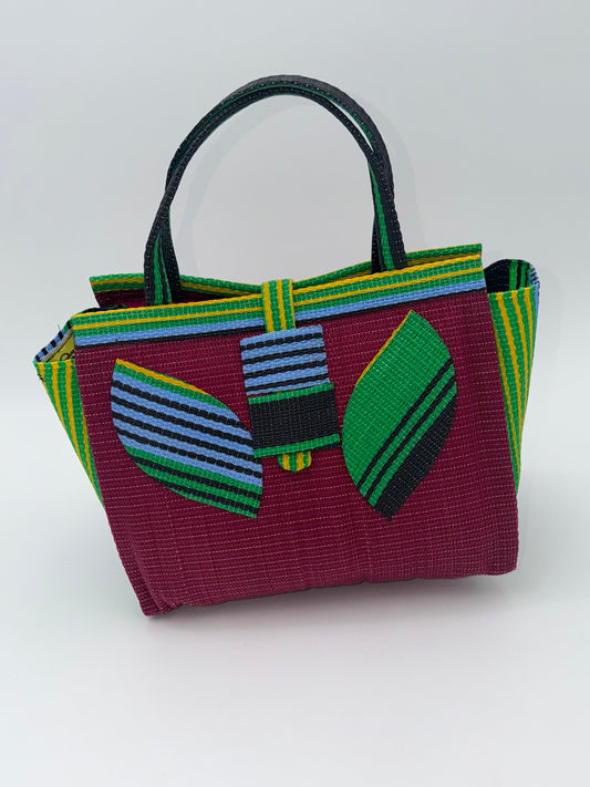 Winery Medium  handwoven tote bag by SCRUBIES in Wine,Blue,Yellow,Green with Solid design and Leaf accent pattern