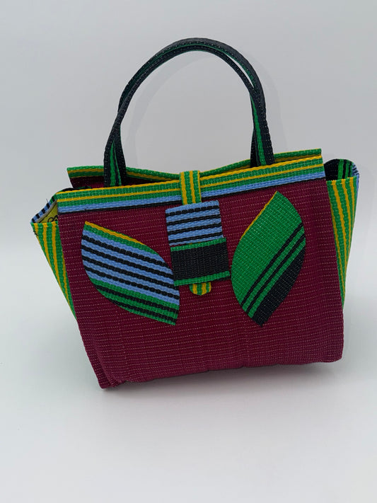 Winery Medium  handwoven tote bag by SCRUBIES in Wine,Blue,Yellow,Green with Solid design and Leaf accent pattern