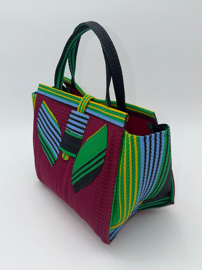 Winery Medium  handwoven tote bag by SCRUBIES in Wine,Blue,Yellow,Green with Solid design and Leaf accent pattern
