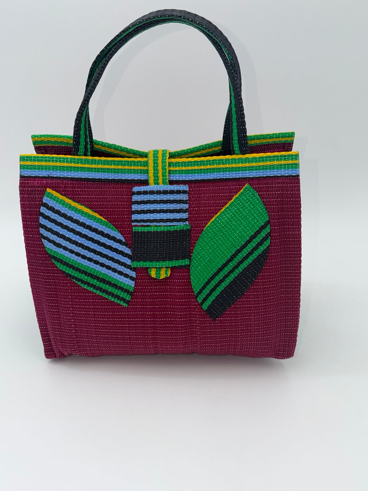 Winery Medium  handwoven tote bag by SCRUBIES in Wine,Blue,Yellow,Green with Solid design and Leaf accent pattern