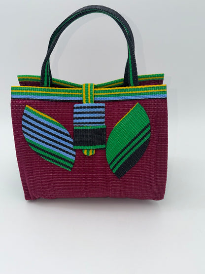 Winery Medium  handwoven tote bag by SCRUBIES in Wine,Blue,Yellow,Green with Solid design and Leaf accent pattern