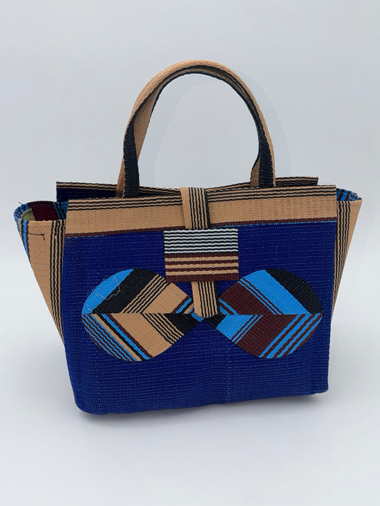 Berry Medium  handwoven tote bag by SCRUBIES in Blue,Beige,Black with Solid design and Bow accent pattern