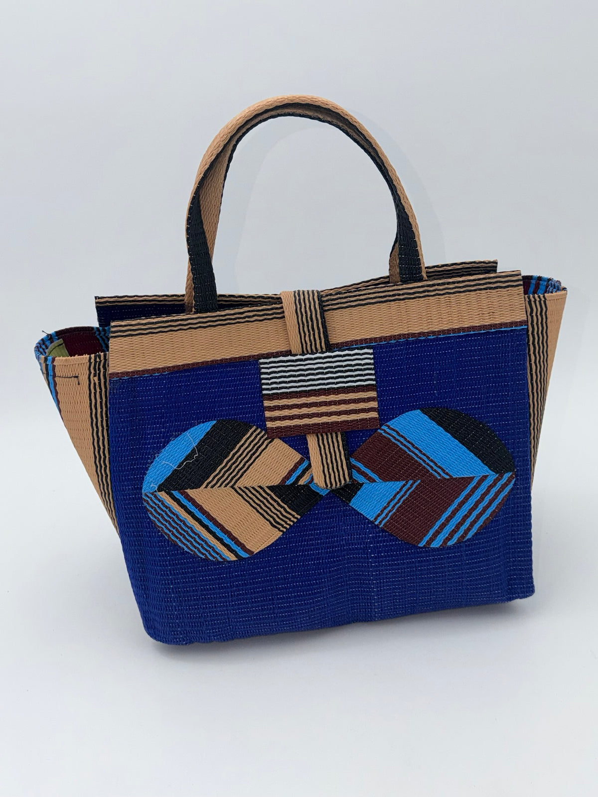 Berry Medium  handwoven tote bag by SCRUBIES in Blue,Beige,Black with Solid design and Bow accent pattern
